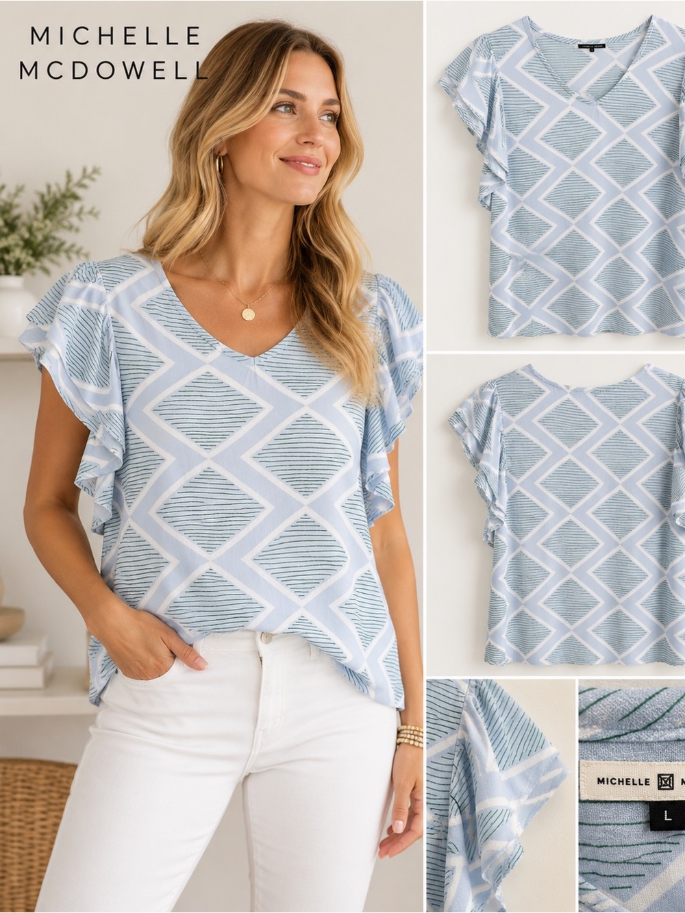 Michelle McDowell Blue Geometric Flutter Sleeve Blouse Size Large